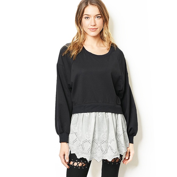 Charcoal Relax Fit Peplum Lace Ruffle Sweatshirts - Picture 2 of 8